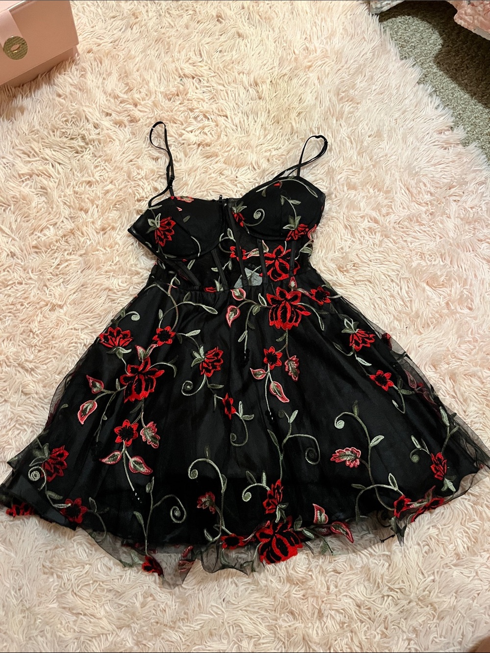Black Floral Embroidered Spaghetti-Strap Dress with lace corset